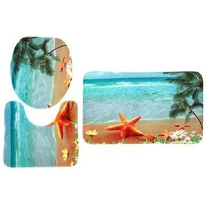 Bathroom Washable Non-Slip Flannel Floor Mat Bath Rug Set 3 in 1 Seagreen